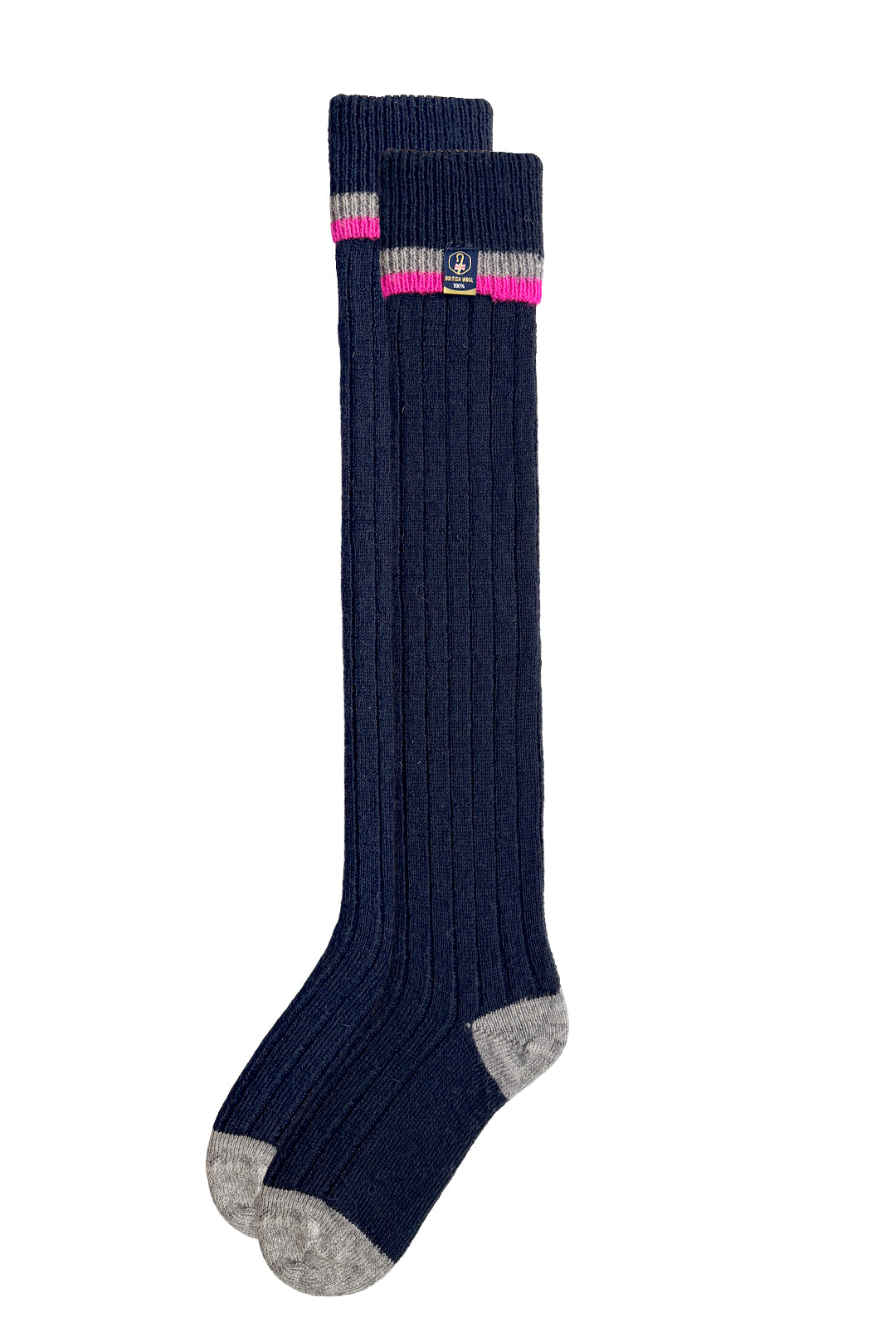 100% British Wool Wellington Boot Socks – Navy & Pink | UK 4-7