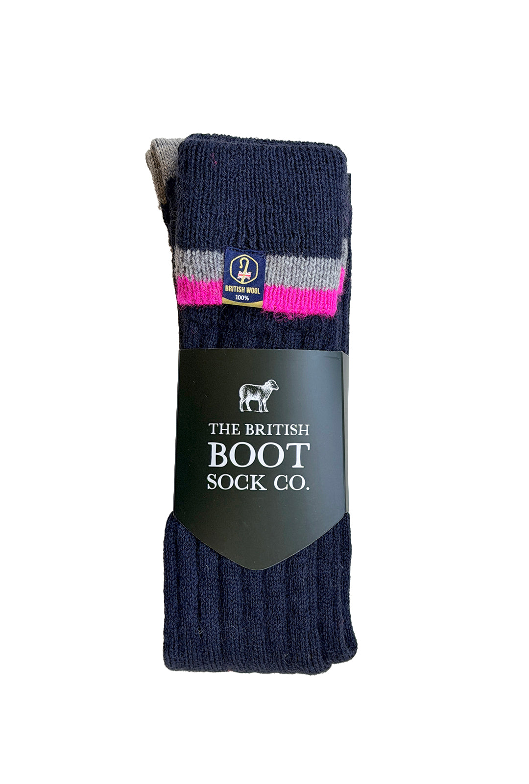 100% British Wool Wellington Boot Socks – Navy & Pink | UK 4-7