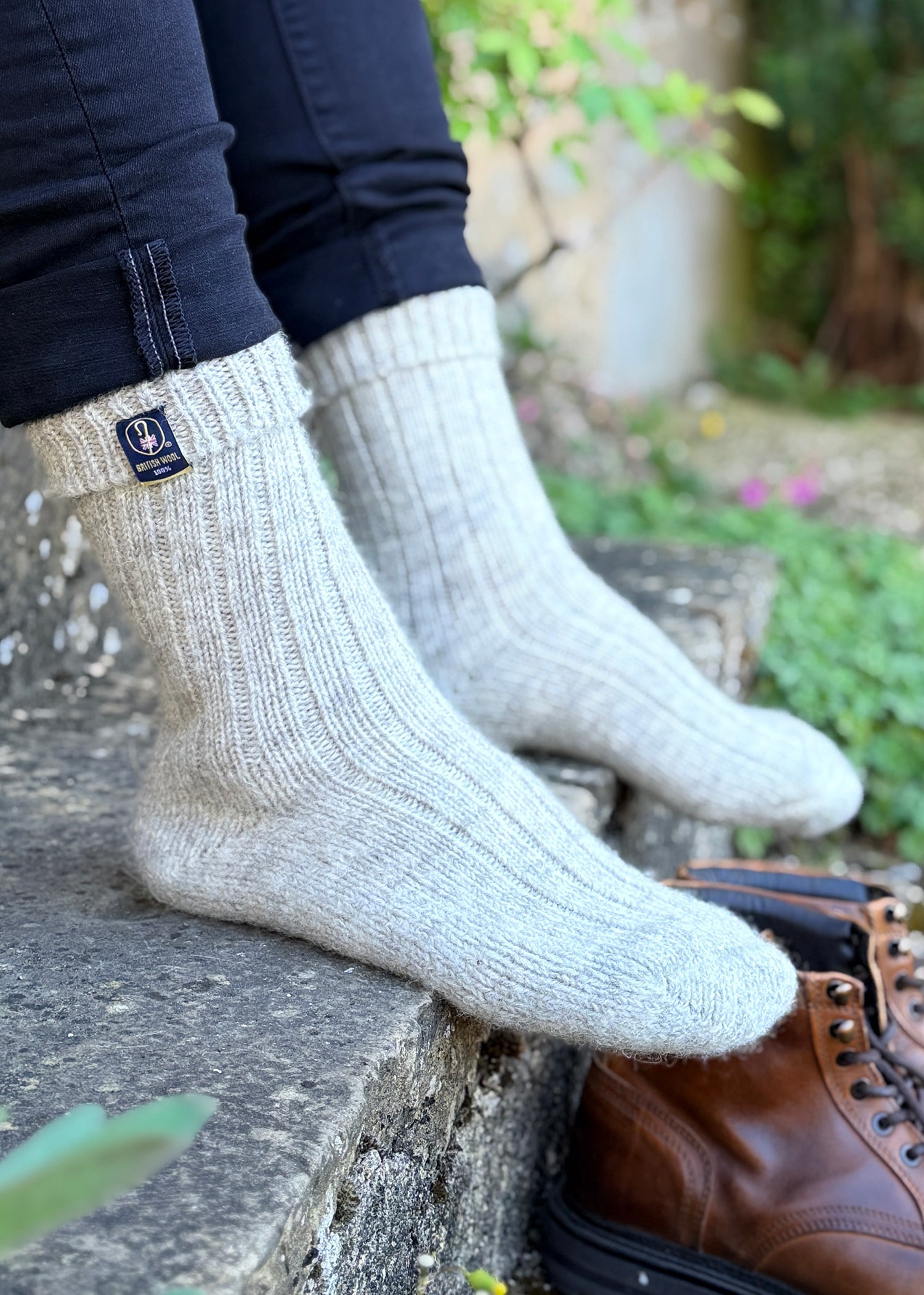 100% British Wool Boot Socks for Men & Women – Light Grey Natural Walking Socks